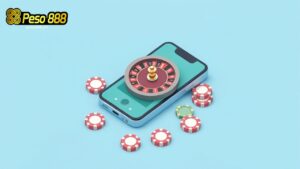 a mobile phone showing roulette wheel and casino chips around it